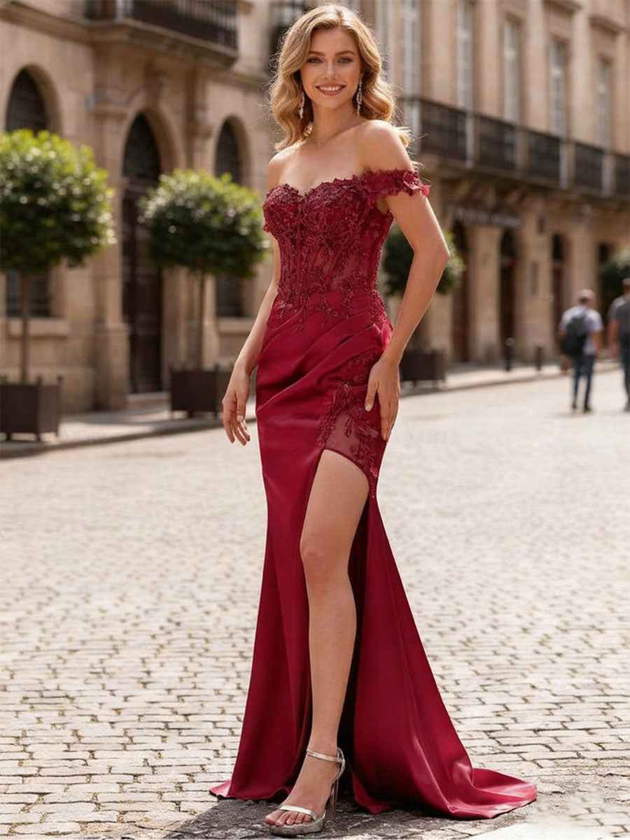 Wine Red Sheath Off The Shoulder Lace Applique Corset Prom Dress