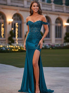 Teal Satin Off The Shoulder Lace Appliques Corset Prom Dress