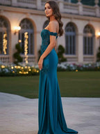 Teal Satin Off The Shoulder Lace Appliques Corset Prom Dress