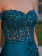 Teal Satin Off The Shoulder Lace Appliques Corset Prom Dress