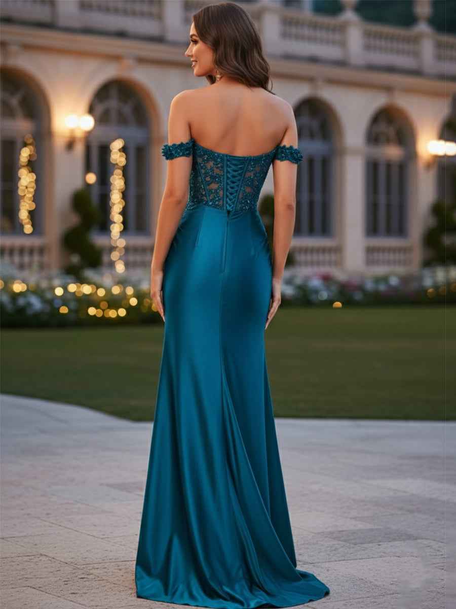 Teal Satin Off The Shoulder Lace Appliques Corset Prom Dress