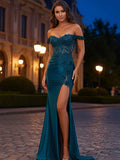 Teal Satin Off The Shoulder Sheath Corset Prom Dress With Lace Appliques