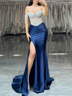 Sheath Satin Rhinestone Off Shoulder Corset Evening Dress