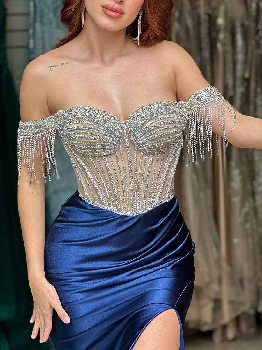 Sheath Off The Shoulder Rhinestone Satin Corset Prom Gown
