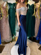 Sheath Off The Shoulder Rhinestone Satin Corset Prom Gown