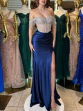 Sheath Off The Shoulder Rhinestone Satin Corset Prom Gown