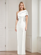 One Shoulder Sleeveless Floor Length Sheath Dress Mother Of Bride With Bowknot