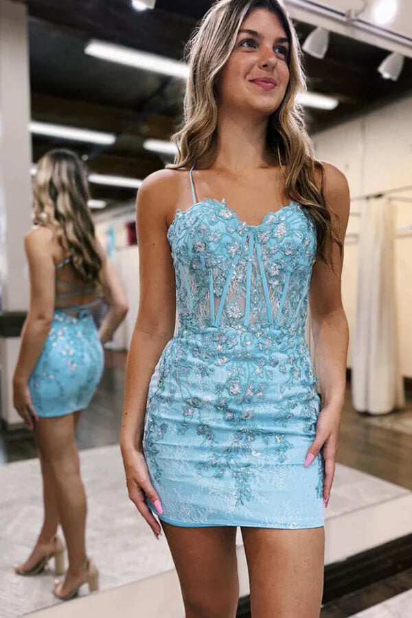 Sheath Spaghetti Straps Lace Appliques Short Homecoming Dresses