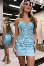 Sheath Spaghetti Straps Lace Appliques Short Homecoming Dresses