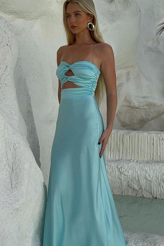 Vestido de fiesta largo azul Tiffany sin tirantes