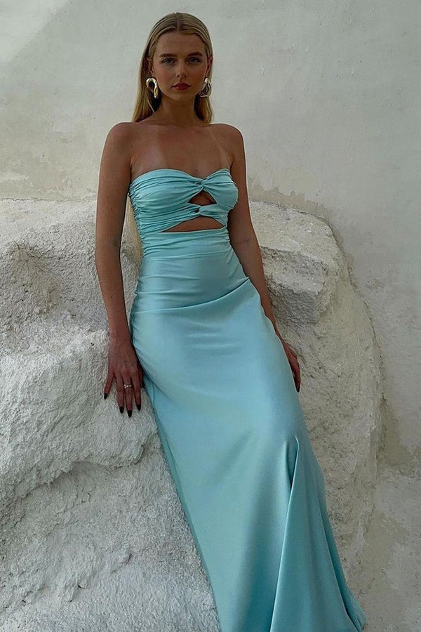 Vestido de fiesta largo azul Tiffany sin tirantes
