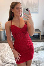 Red Sheath V-neck Spaghetti Straps Lace Tight Mini Homecoming Dresses