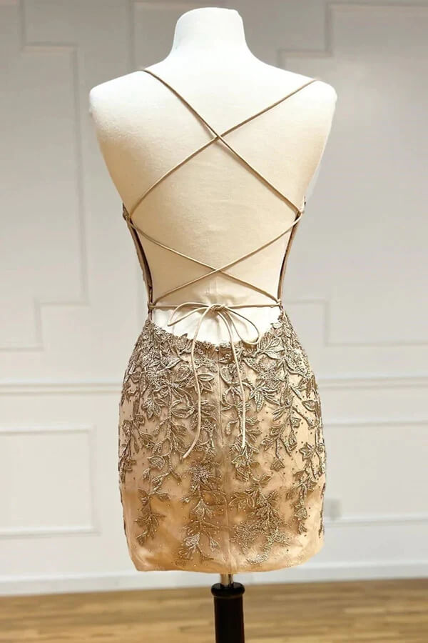 Red Sheath V-neck Spaghetti Straps Lace Tight Mini Homecoming Dresses