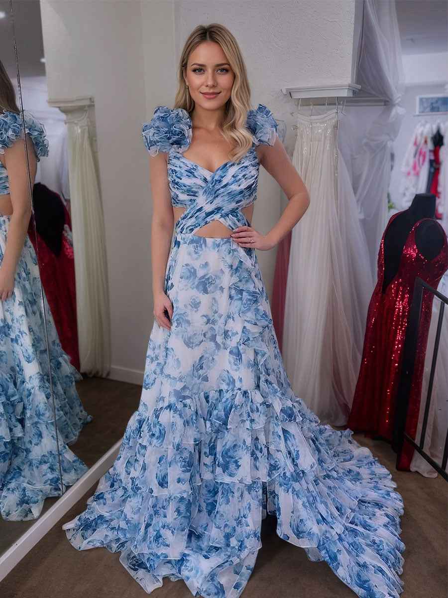 Blue Floral Tiered Prom Dress Sheath V Neck With Slit