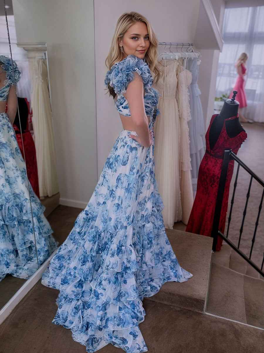 Blue Floral Tiered Prom Dress Sheath V Neck With Slit