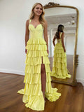 Show Stopper Yellow Tiered Prom Dress With Beaded Bodice