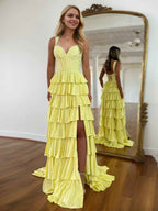 Show Stopper Yellow Tiered Prom Dress With Beaded Bodice