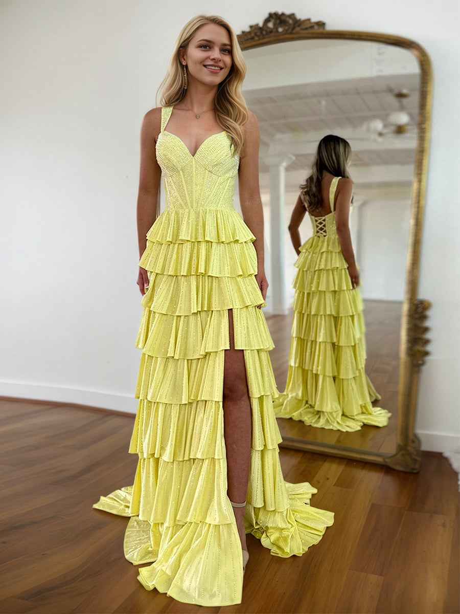 Show Stopper Yellow Tiered Prom Dress With Beaded Bodice