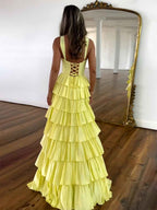Show Stopper Yellow Tiered Prom Dress With Beaded Bodice