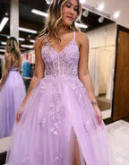 Vestidos de Baile em Renda com Alças Finas de Tule e Fenda Lateral SYP158