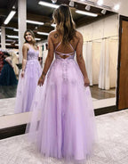 Vestidos de Baile em Renda com Alças Finas de Tule e Fenda Lateral SYP158