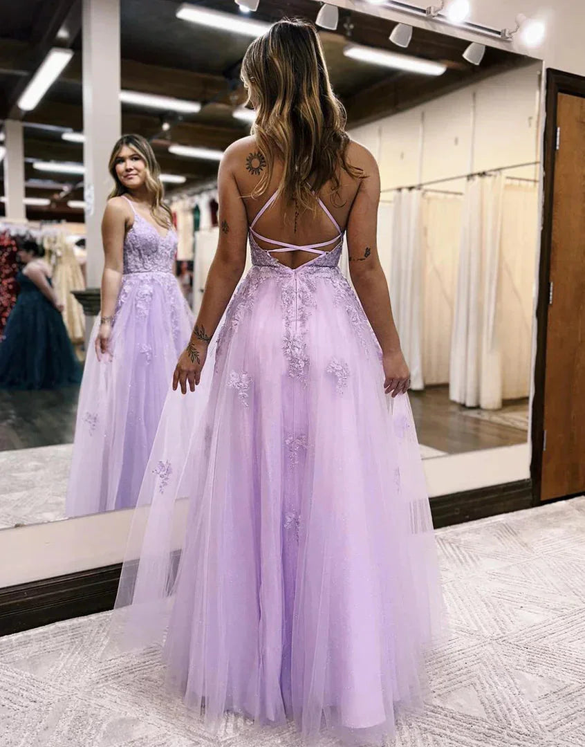 Vestidos de Baile em Renda com Alças Finas de Tule e Fenda Lateral SYP158