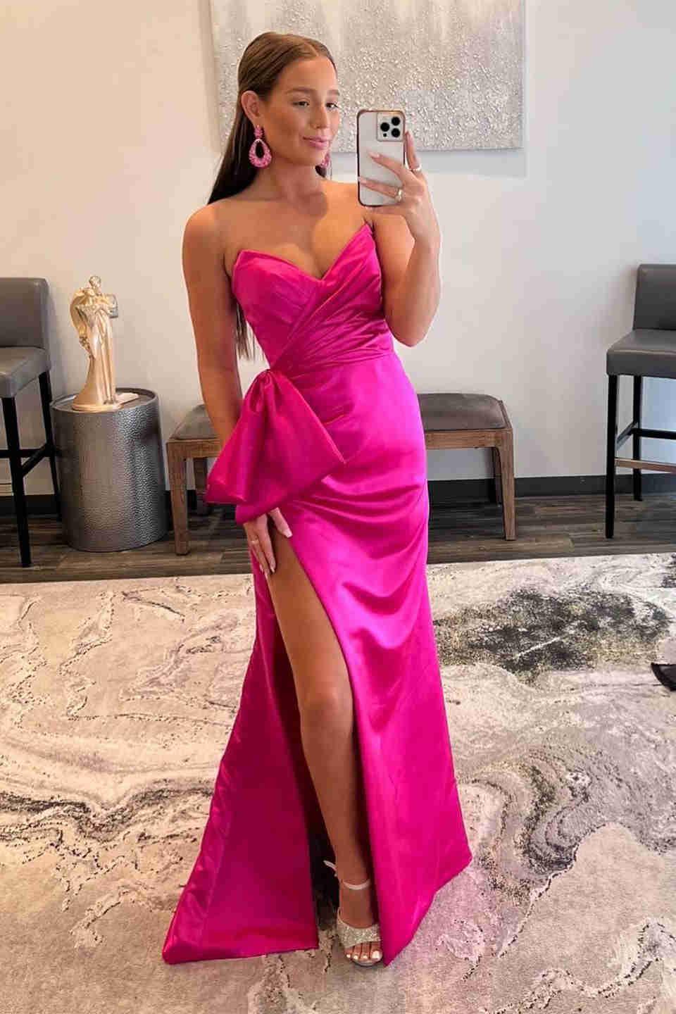 Vestidos de Baile em Cetim Rosa com Ombros Descobertos e Fenda SYP90