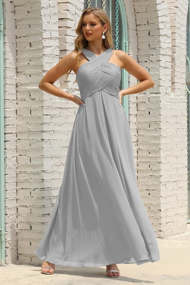 Vestido de Dama de Honra Halter em Chiffon para Mulher, Modelo A-Line, Longo, Formal, para Baile de Finalistas SEA28015