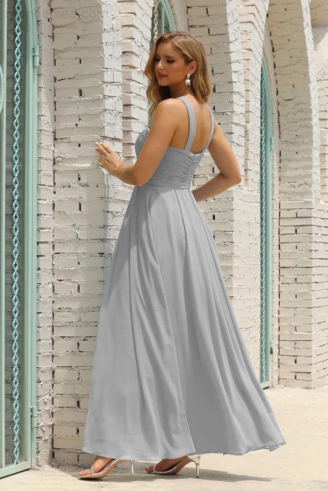 Vestido de Dama de Honra Halter em Chiffon para Mulher, Modelo A-Line, Longo, Formal, para Baile de Finalistas SEA28015