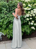 Blue A Line V Neck Beaded Back Tie Long Prom Dress