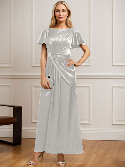 Vestido de madre de la novia de satén elástico con escote redondo y largo hasta los tobillos, con plisado y cuentas 