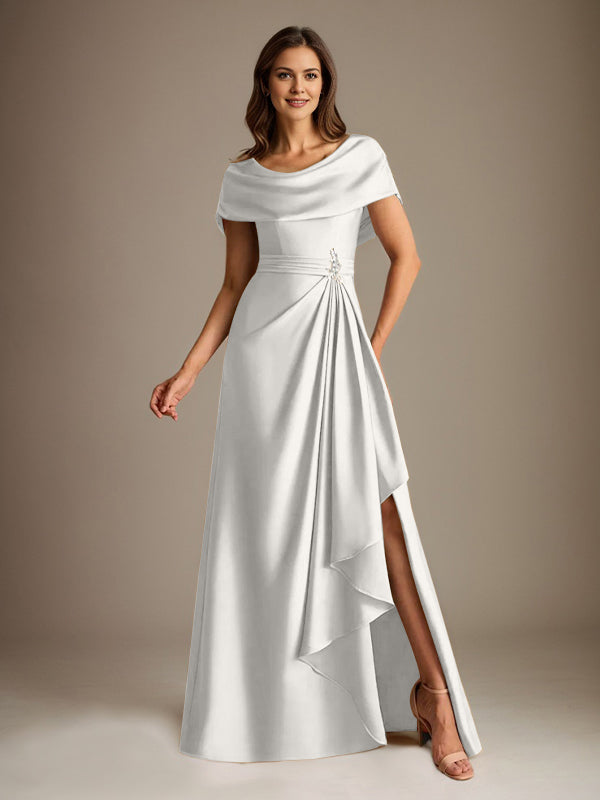 Robe de mère de la mariée en satin extensible, longueur au sol, coupe en A avec encolure dégagée et volants en cascade