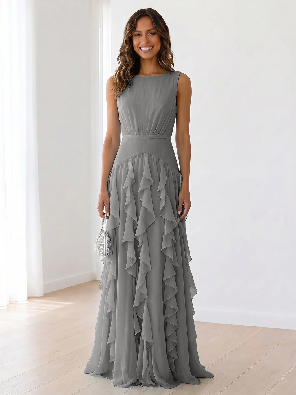 Sky Blue Tiered Chiffon Evening Maxi Dress With Ruched Bodice