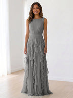 Sky Blue Tiered Chiffon Evening Maxi Dress With Ruched Bodice