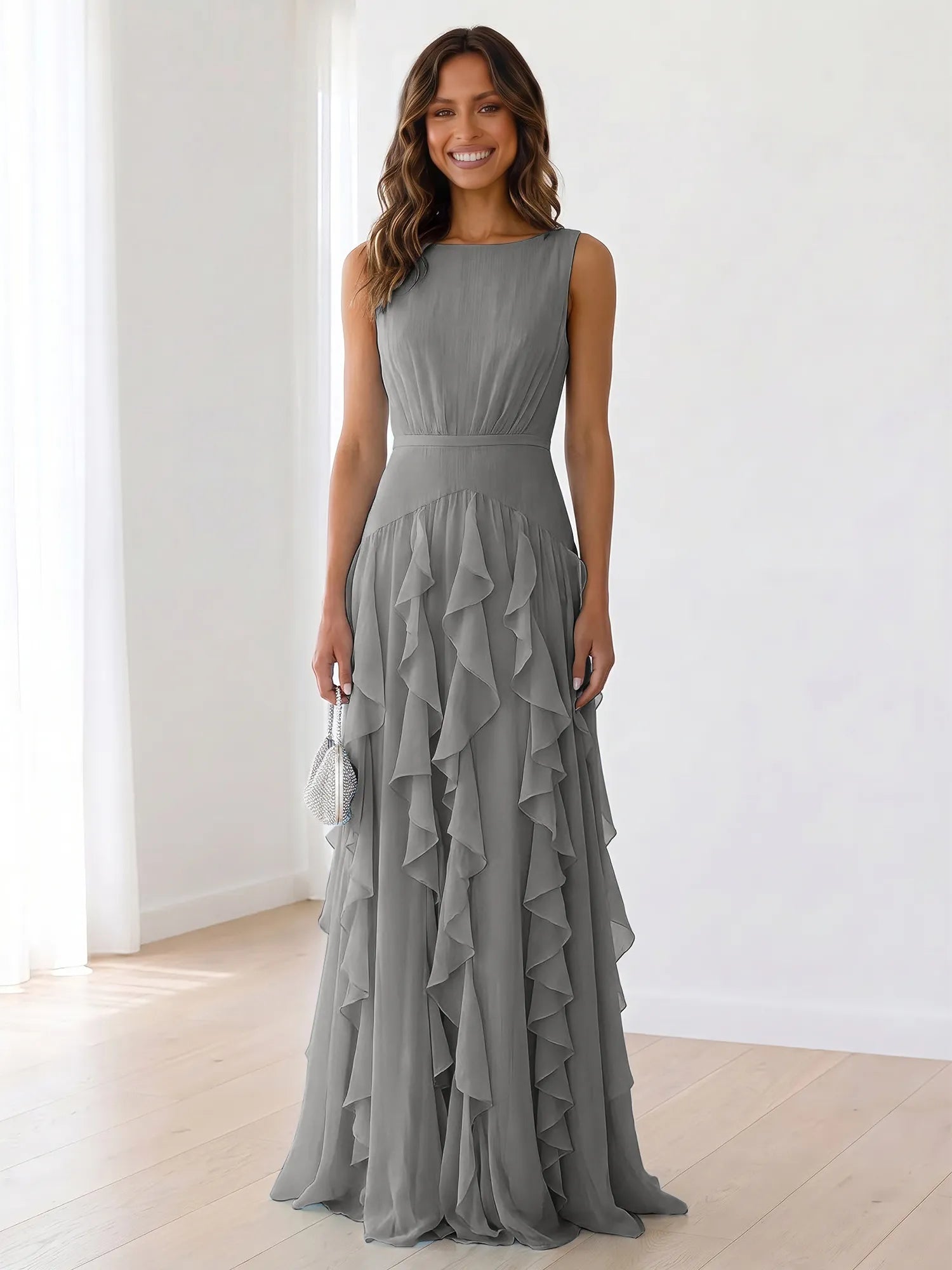Sky Blue Tiered Chiffon Evening Maxi Dress With Ruched Bodice