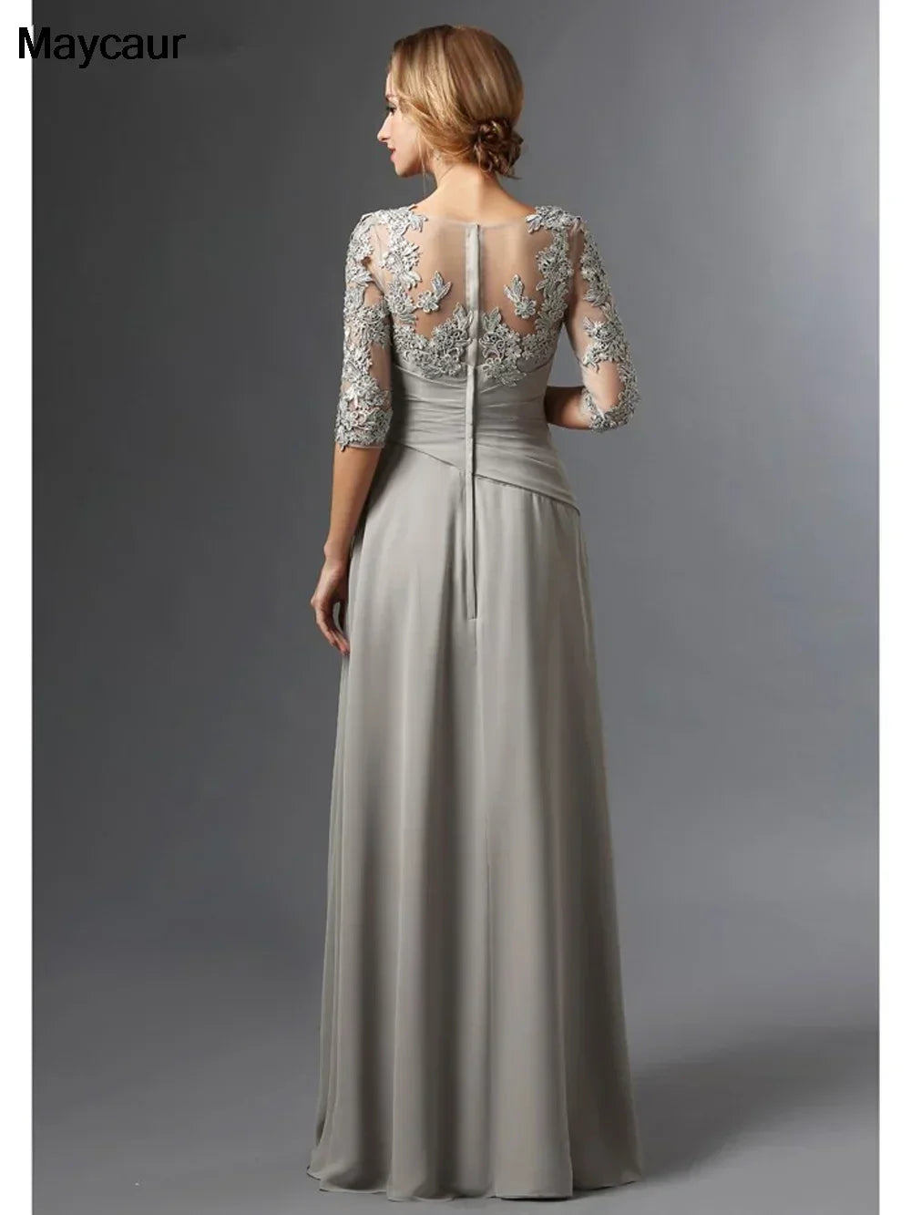 Silver 2023 Mother Of The Bride Dresses A-line 3/4 Sleeves Chiffon Lace Plus Size Long Elegant Groom Mother Dresses Wedding