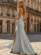 Yellow Beaded Halter Corset Prom Dress With High Slit