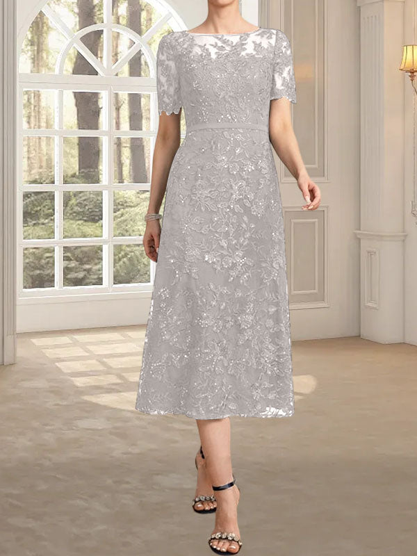 A-Linie, U-Ausschnitt, Illusion, knielang, Spitze, Kleid für die Brautmutter mit Pailletten