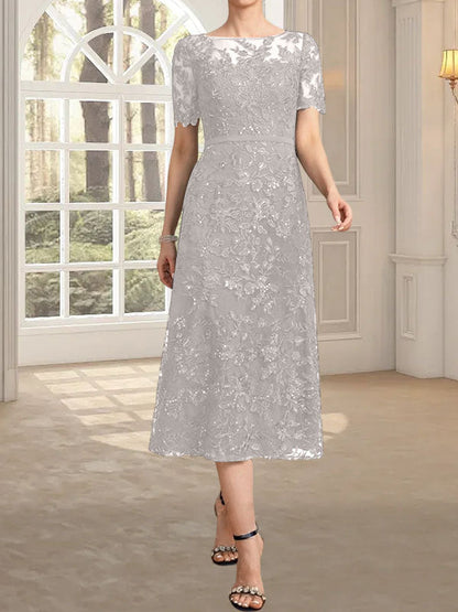 A-Linie, U-Ausschnitt, Illusion, knielang, Spitze, Kleid für die Brautmutter mit Pailletten