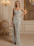 Silver Sequin Cowl Neck Ruched Long Prom Dress With High Slit