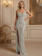 Silver Sequin Cowl Neck Ruched Long Prom Dress With High Slit