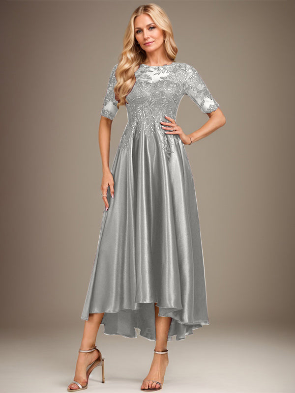 Robe de mère de la mariée en satin extensible à dentelle, coupe en A, décolleté illusion asymétrique avec paillettes