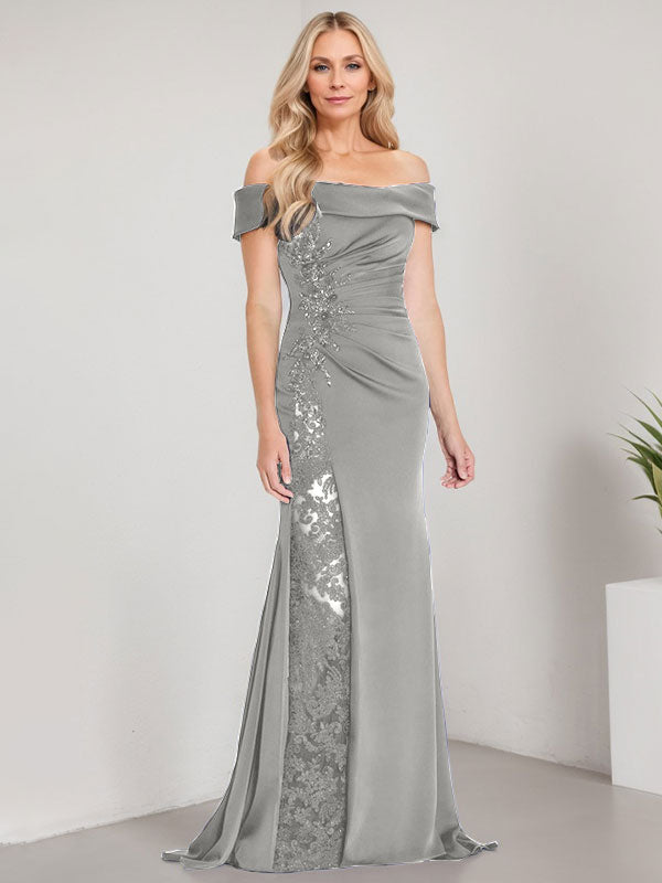 Robe de mère de la mariée longue jusqu'au sol, ligne A, épaules dénudées, appliques et perles, robe sirène avec fente haute