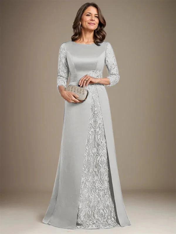 A-Line Scoop Floor-Length Lace Satin Mother Of the Bride Dress With Applique by Dreamylily