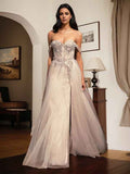 Silver A-Line Off-Shoulder Prom Dress With Applique Beadwork And Slit
