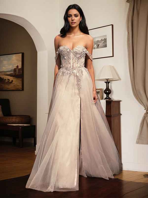 Silver A-Line Off-Shoulder Prom Dress With Applique Beadwork And Slit