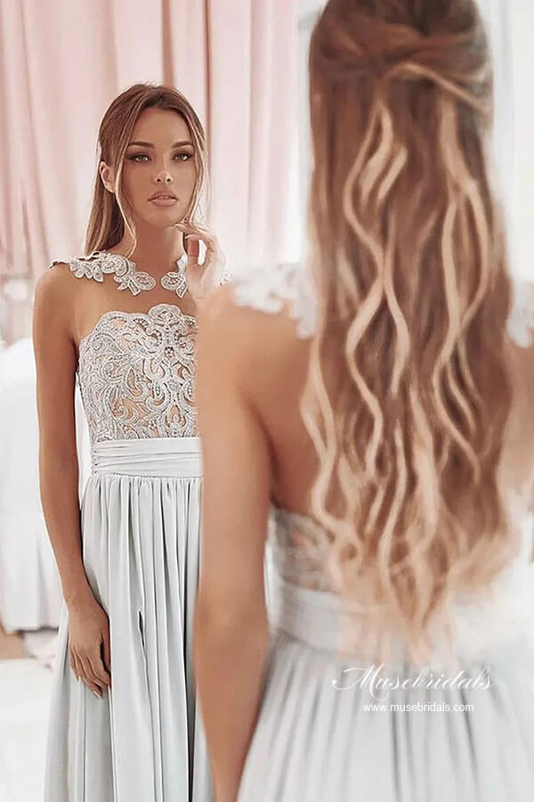 Silver Chiffon A-line Lace Appliqued Bridesmaid Dresses With Slit