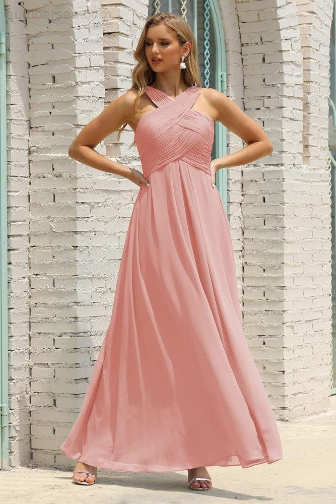 Vestido de Dama de Honra Halter em Chiffon para Mulher, Modelo A-Line, Longo, Formal, para Baile de Finalistas SEA28015