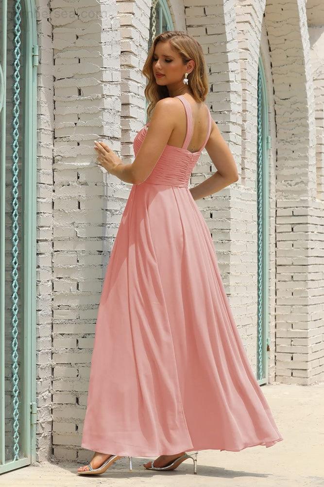 Vestido de Dama de Honra Halter em Chiffon para Mulher, Modelo A-Line, Longo, Formal, para Baile de Finalistas SEA28015