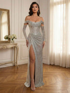Silver Sequin Off Shoulder Long Sleeves Corset Prom Dress With Slit